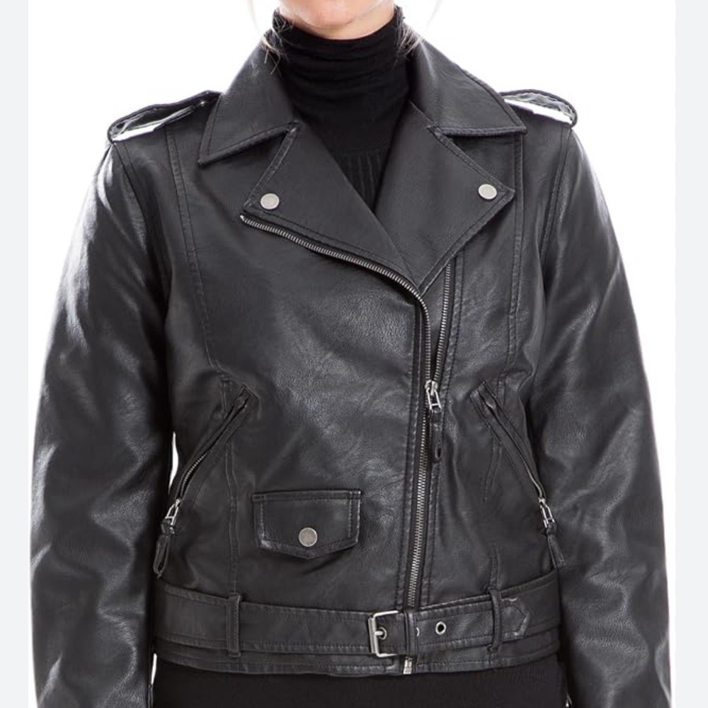 Max Studio Faux Leather Cropped Moto Jacket Black New Punk Metal Silver Goth